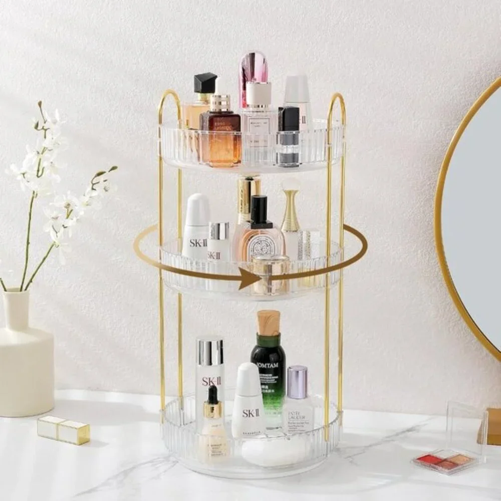 New Rotating Makeup Organizer, 3-Tier Clear Vanity & Skincare Storage - White